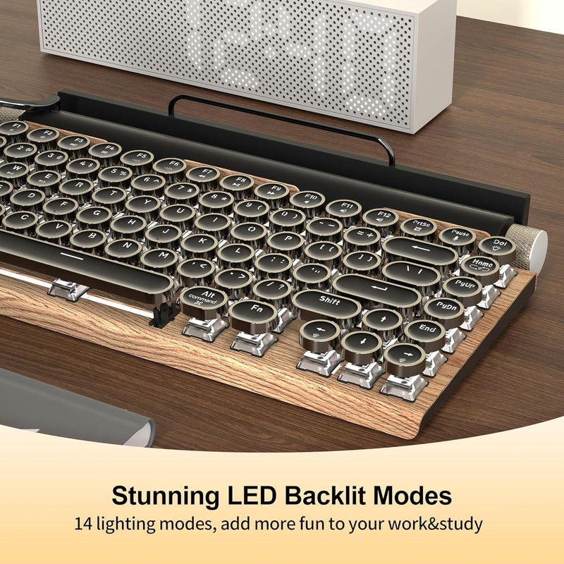 Taiahiro Retro Typewriter Wireless Mechanical Gaming Keyboard, Bluetooth 5.0 Office Computer Vintage Keyboards 83-Key Blue Switches Punk Round Keycap, LED Backlight, Compatible with PC/Laptop/Pad/Phone, Wood - Image 5